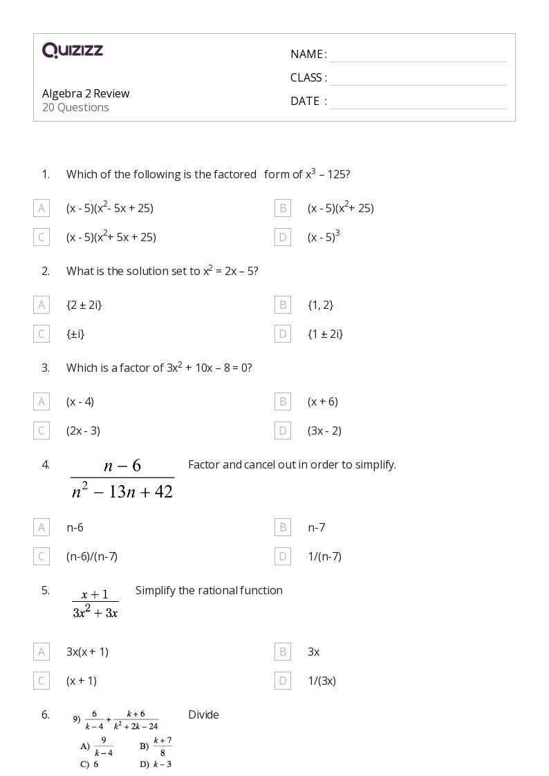 algebra 2 final exam review answers