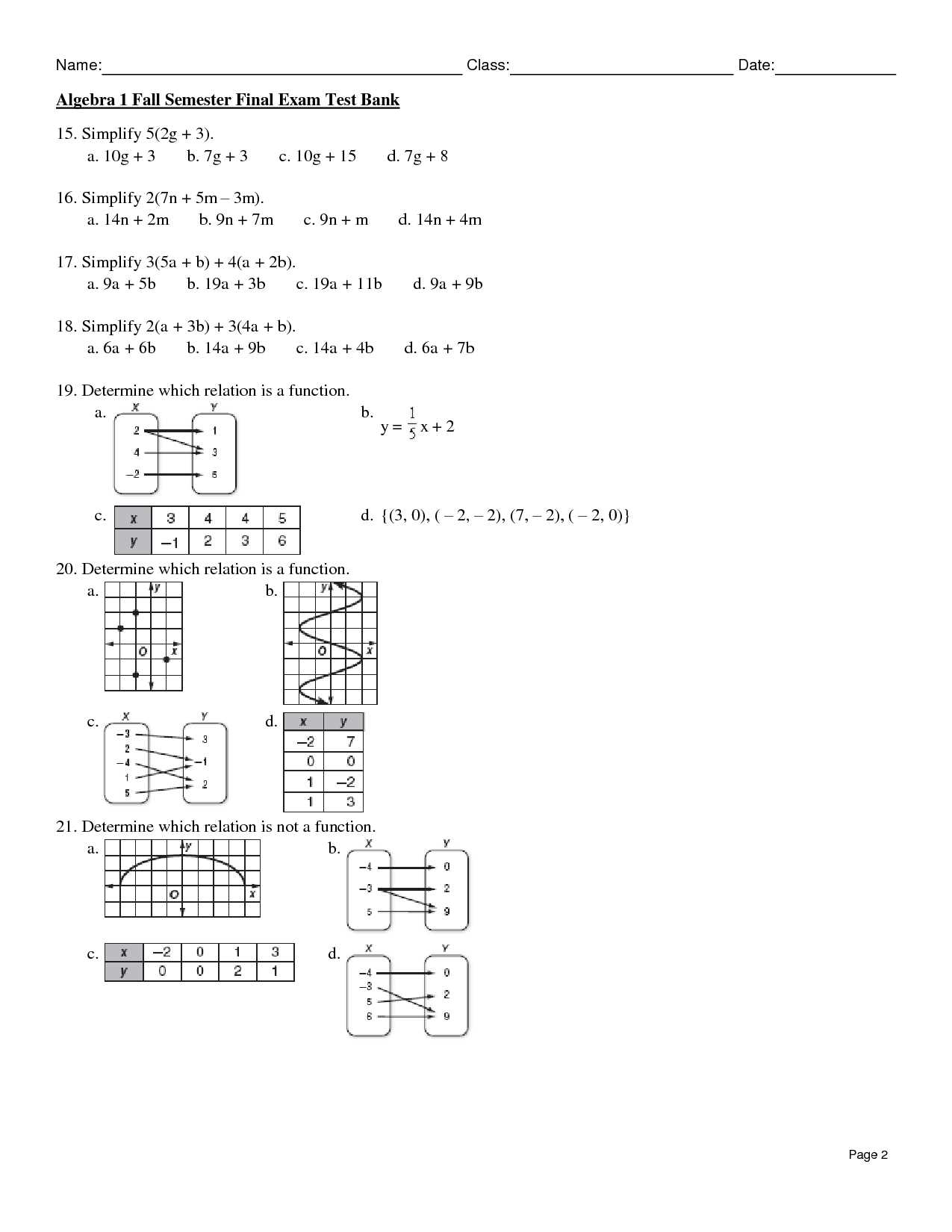 algebra 2 semester 1 final exam answers