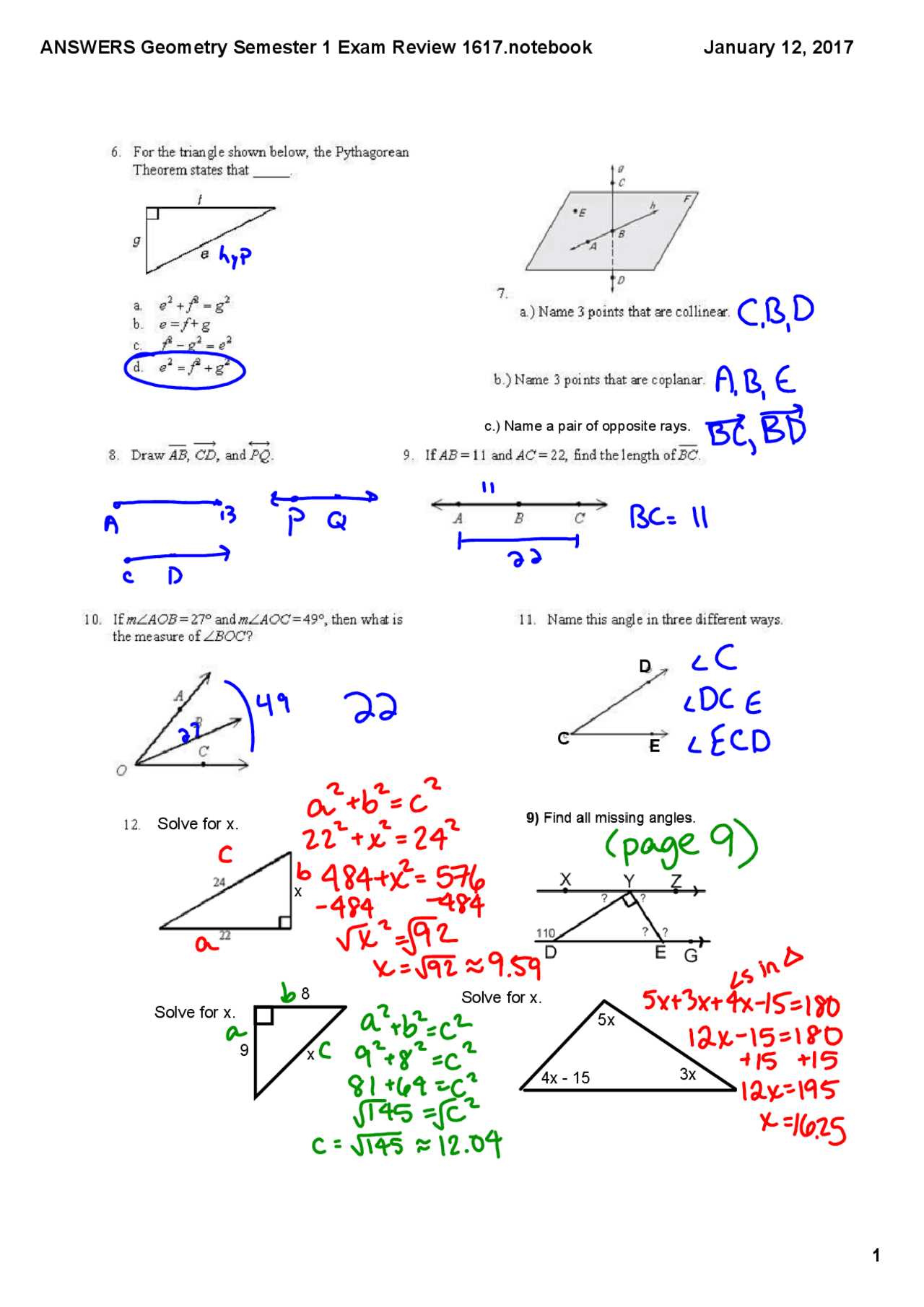 geometry semester exam review answers