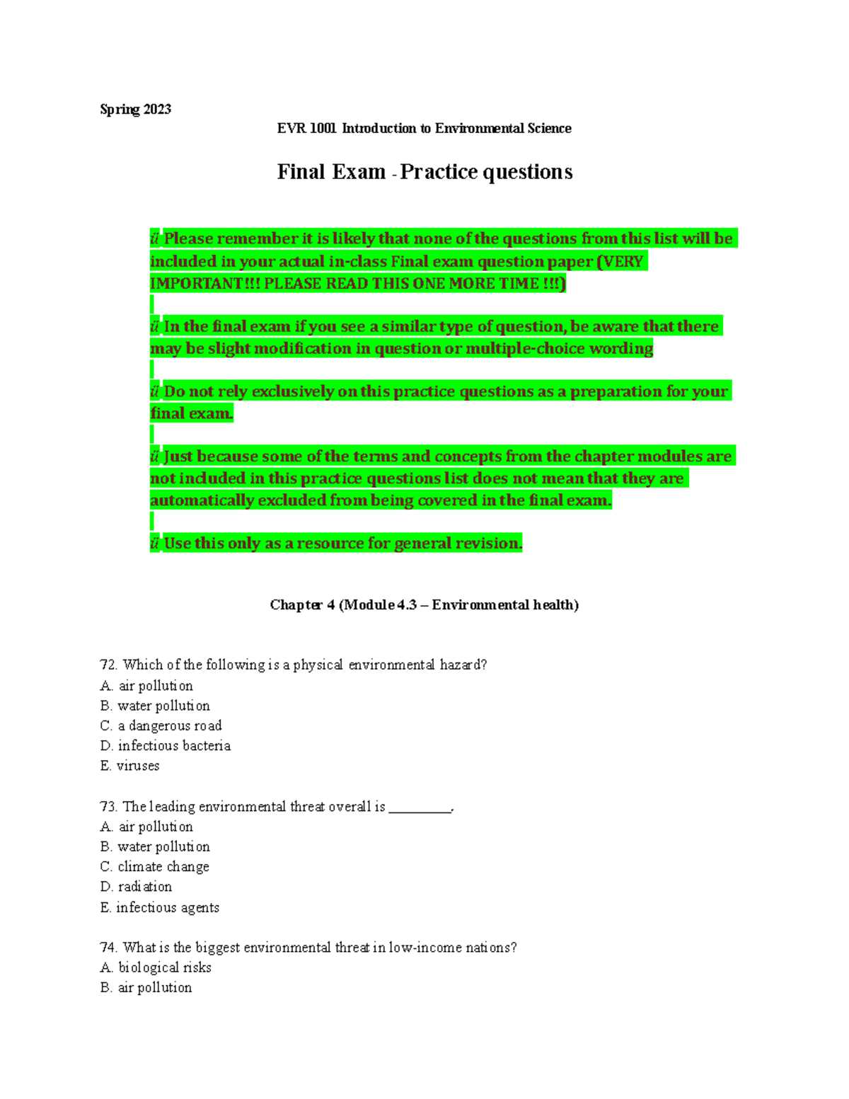 environmental science final exam answer key