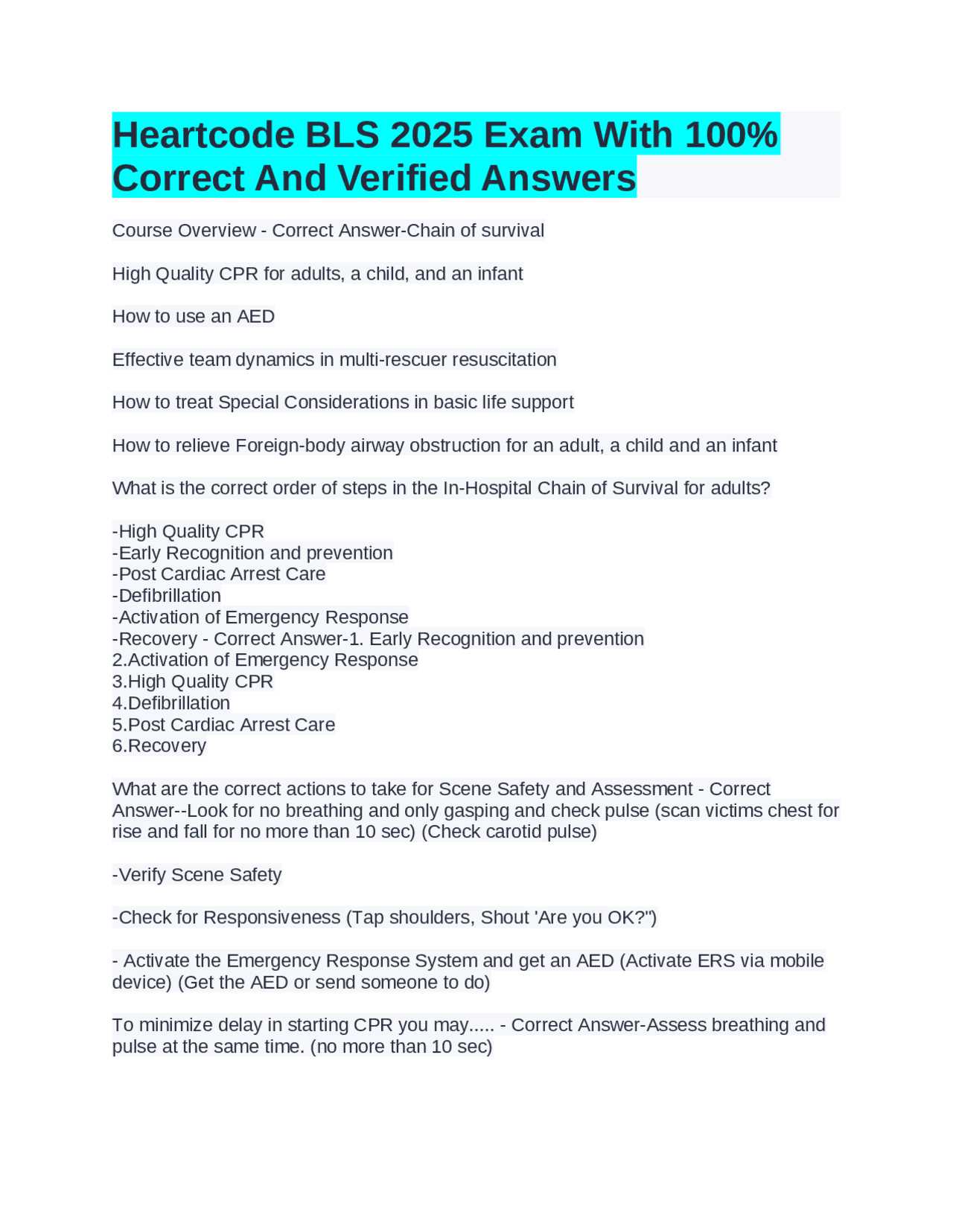 basic life support exam a answers 25 questions 2025