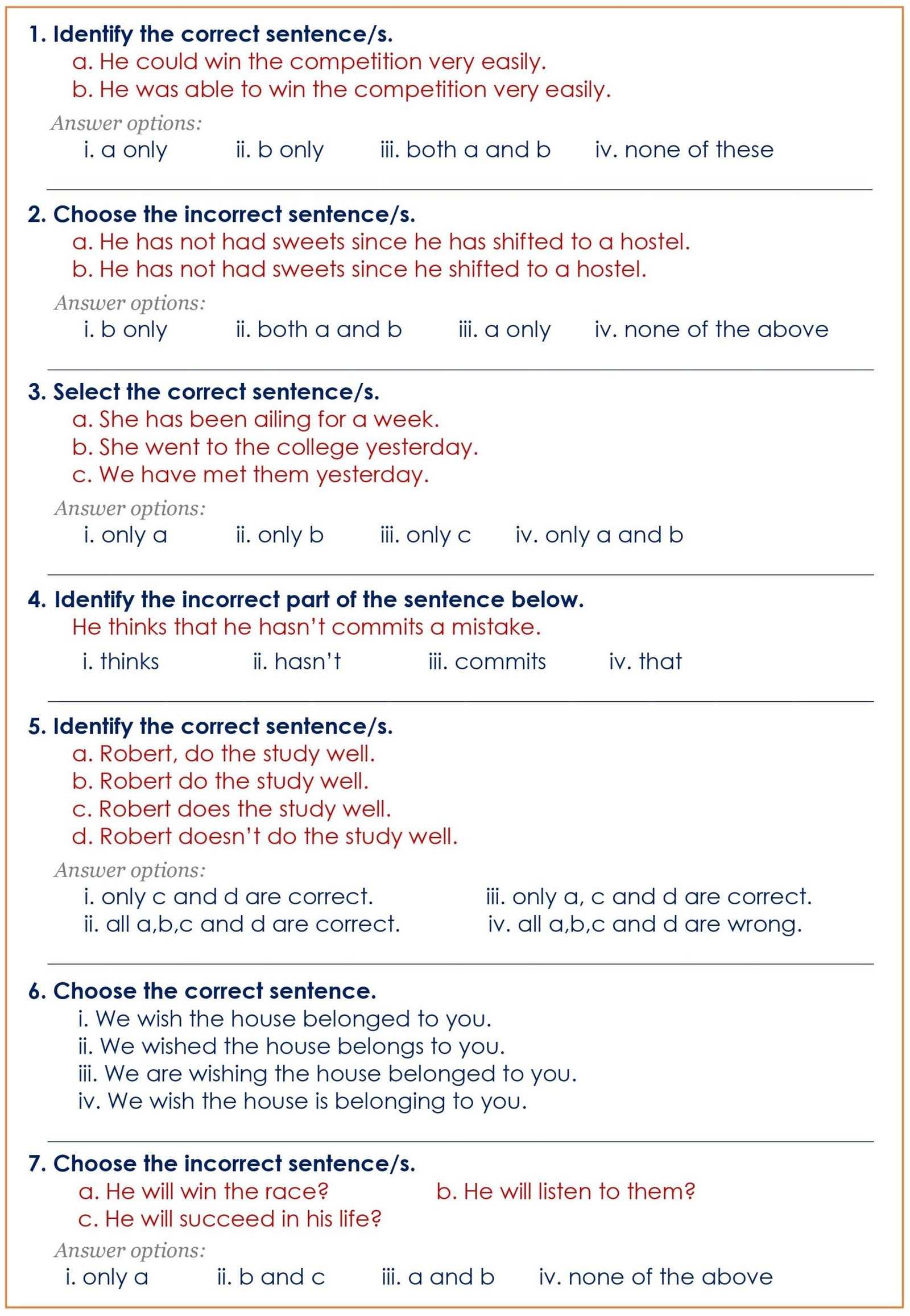 english grammar exam with answers