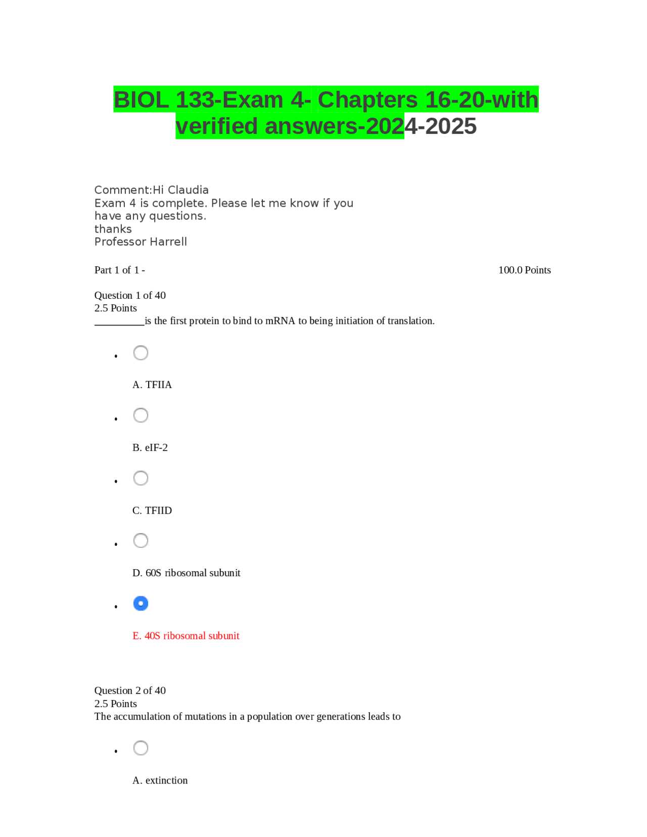 biology 1406 exam 4 answers