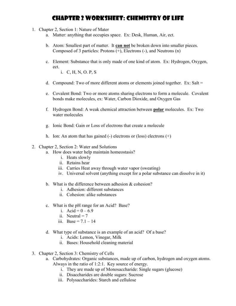 biology chapter 2 the chemistry of life test answers