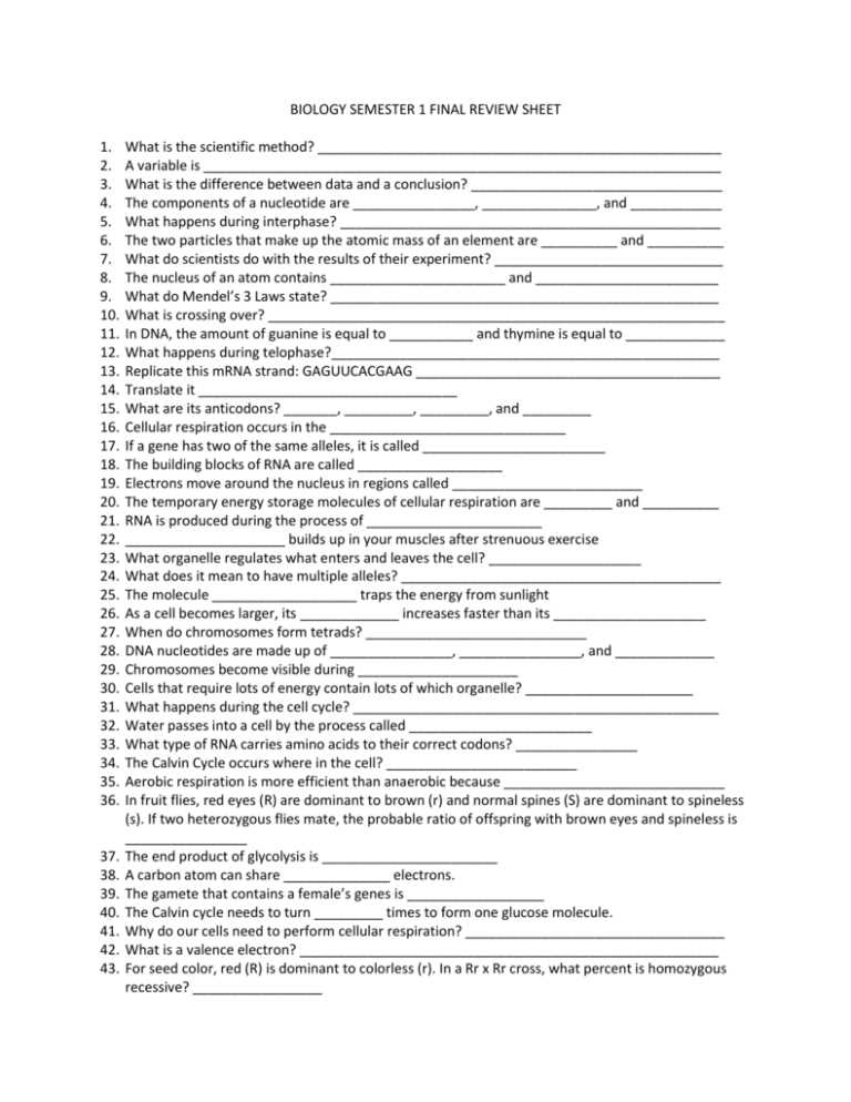 biology fall final exam review answers