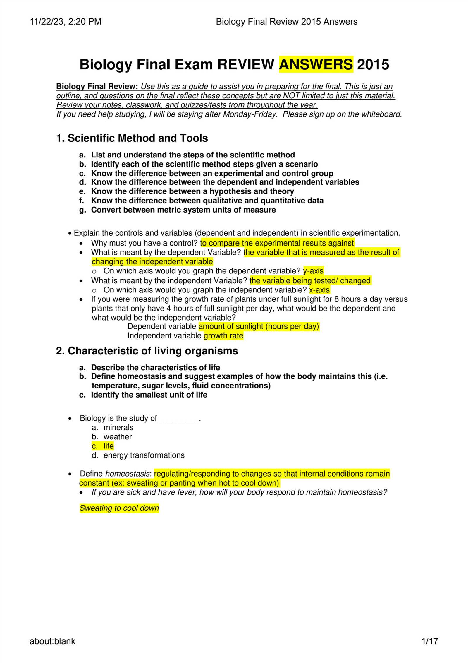 biology final exam questions and answers