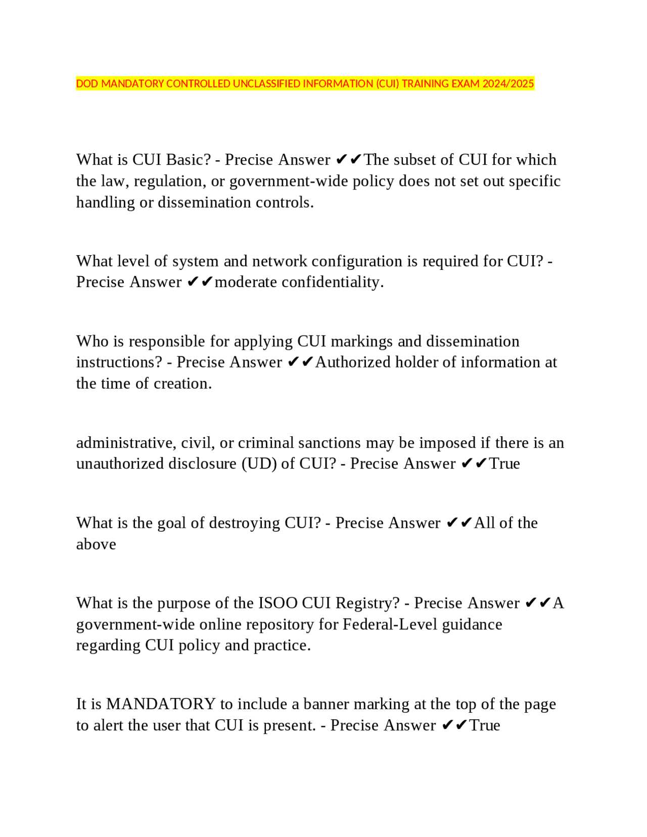 cui training exam answers