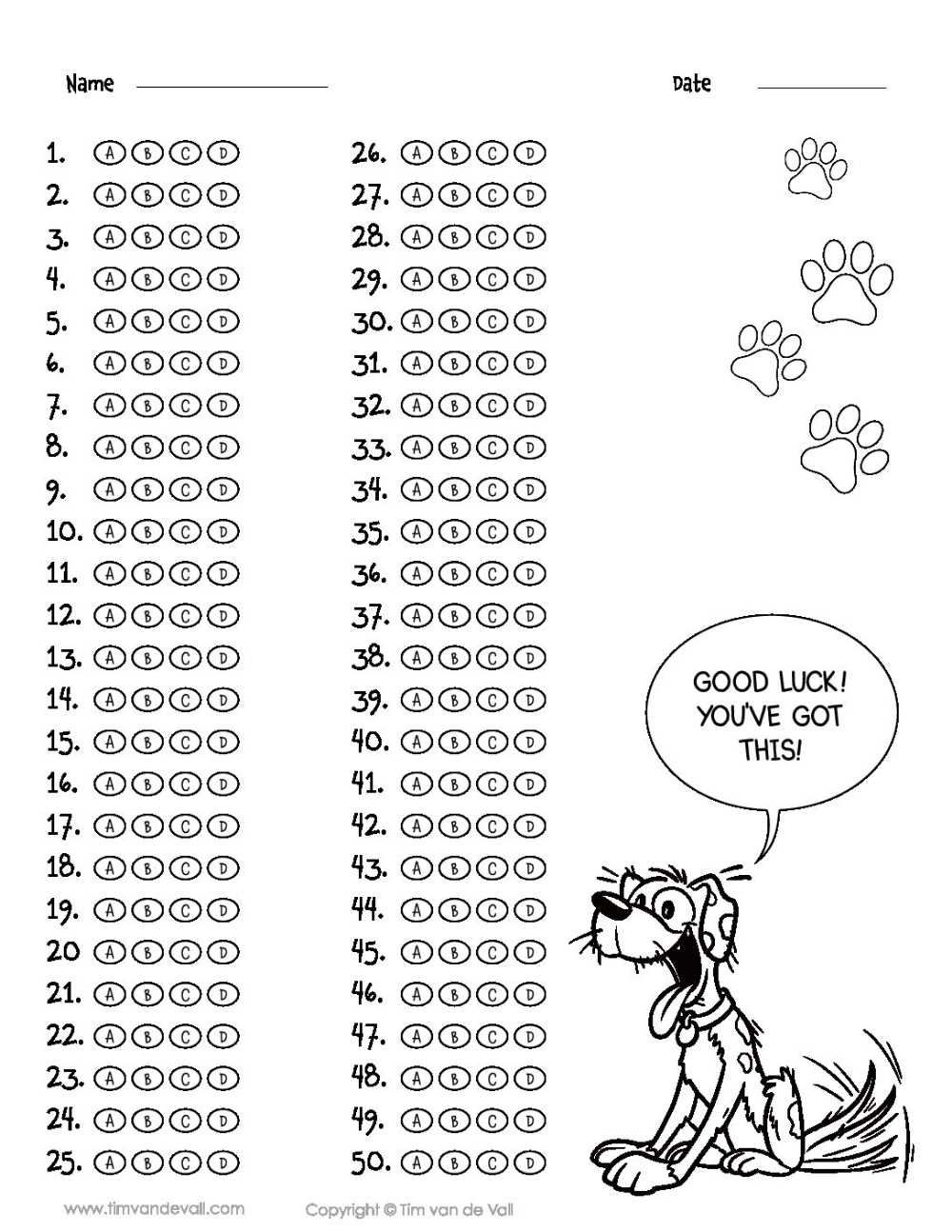 bubble answer sheet 1 50