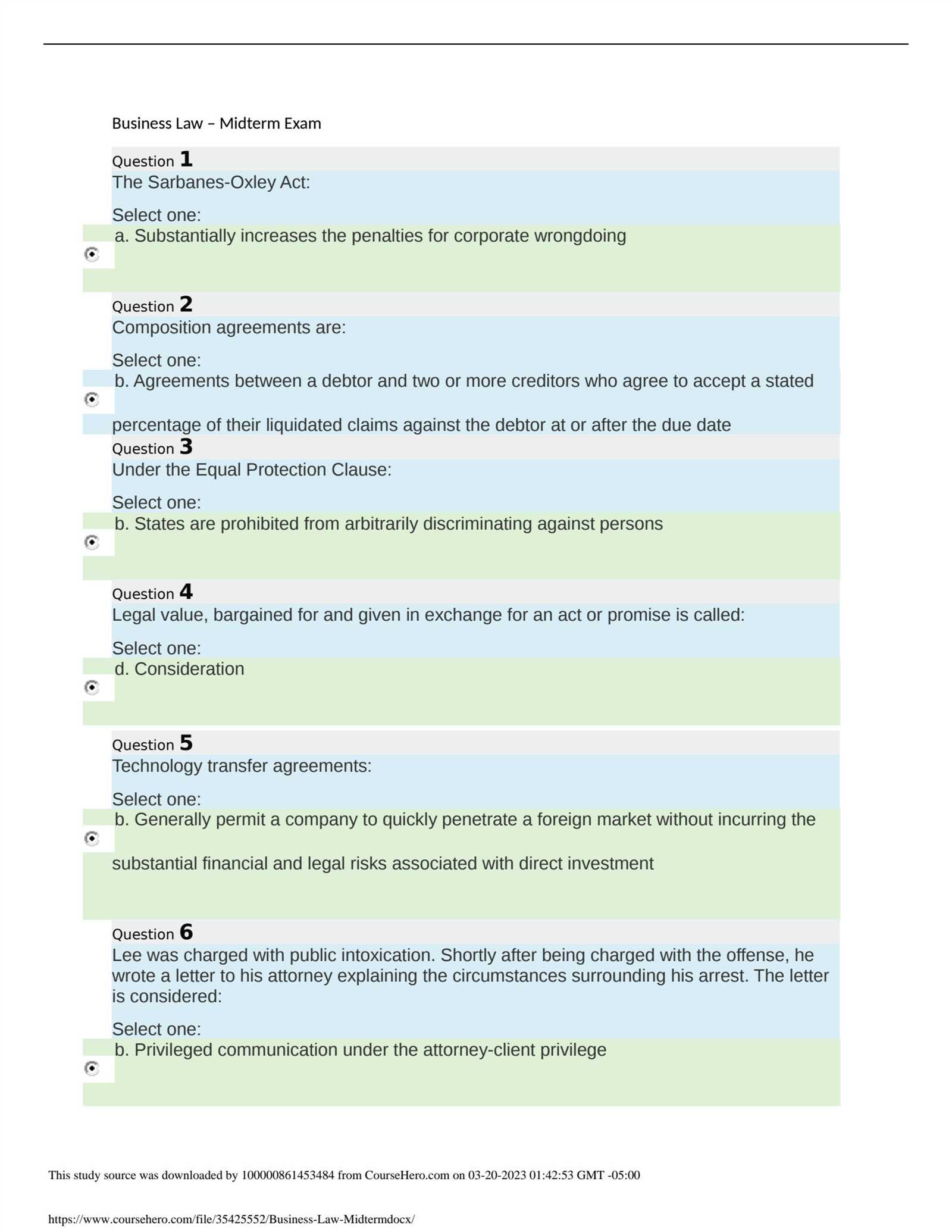 business law midterm exam answers