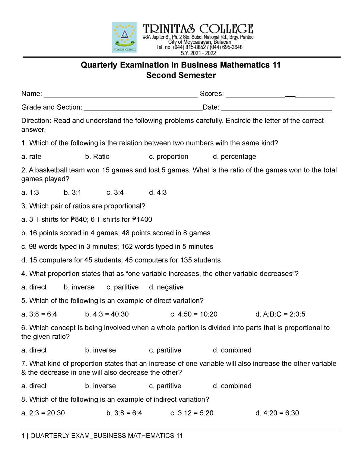 business math final exam answers