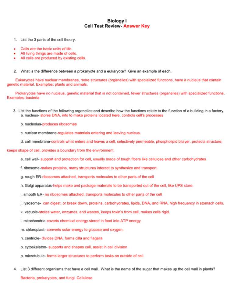 cell unit exam answers