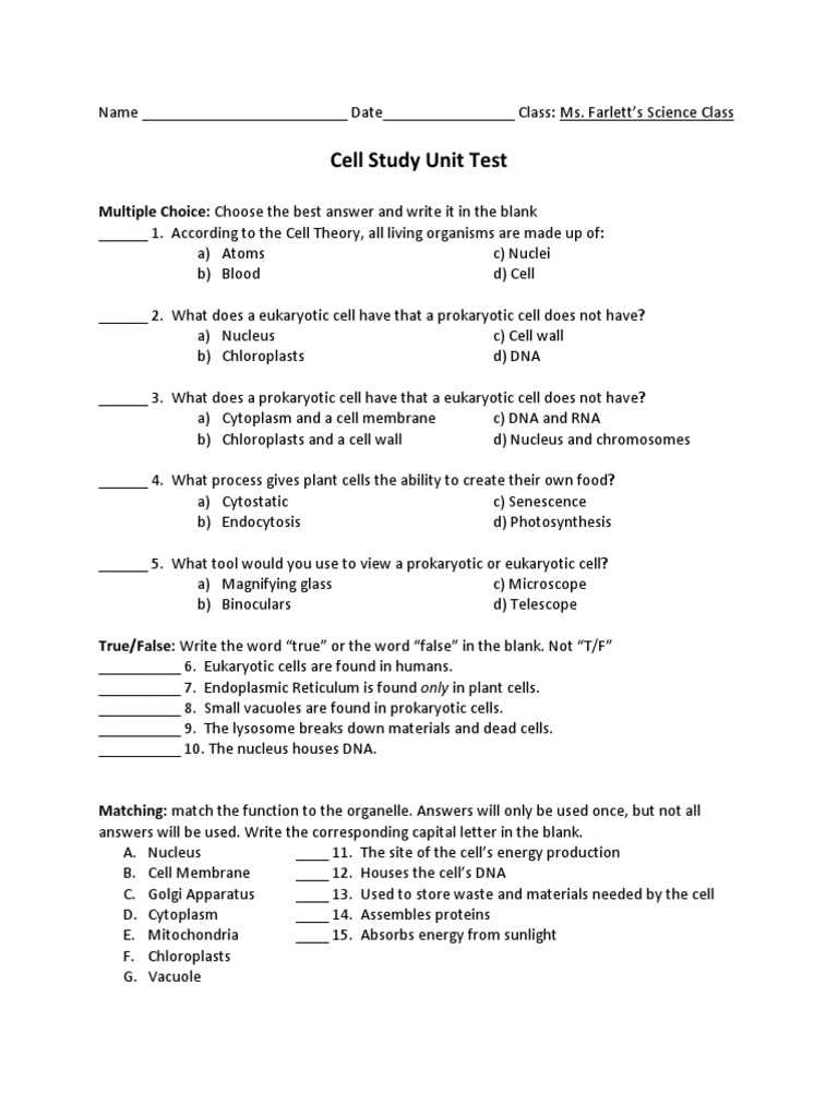 cell unit exam answers