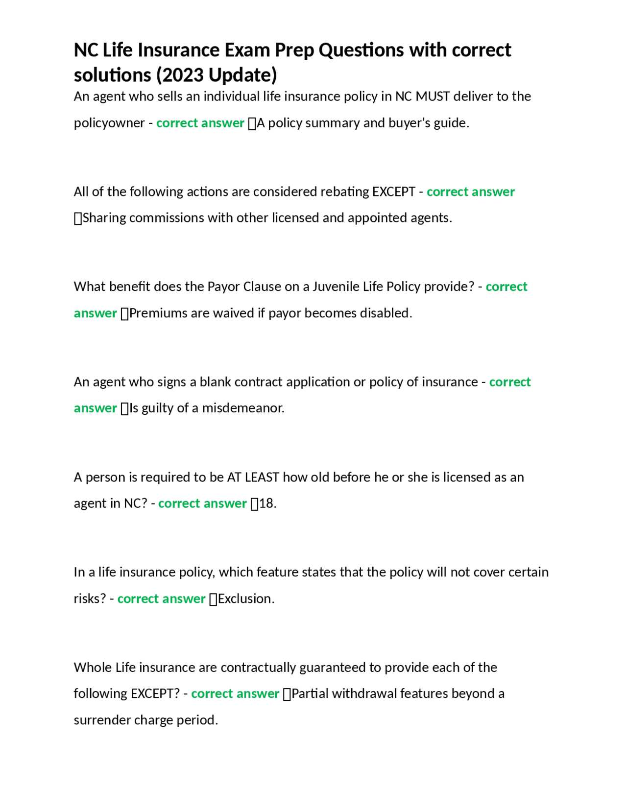 chapter exam 1 life policies answers