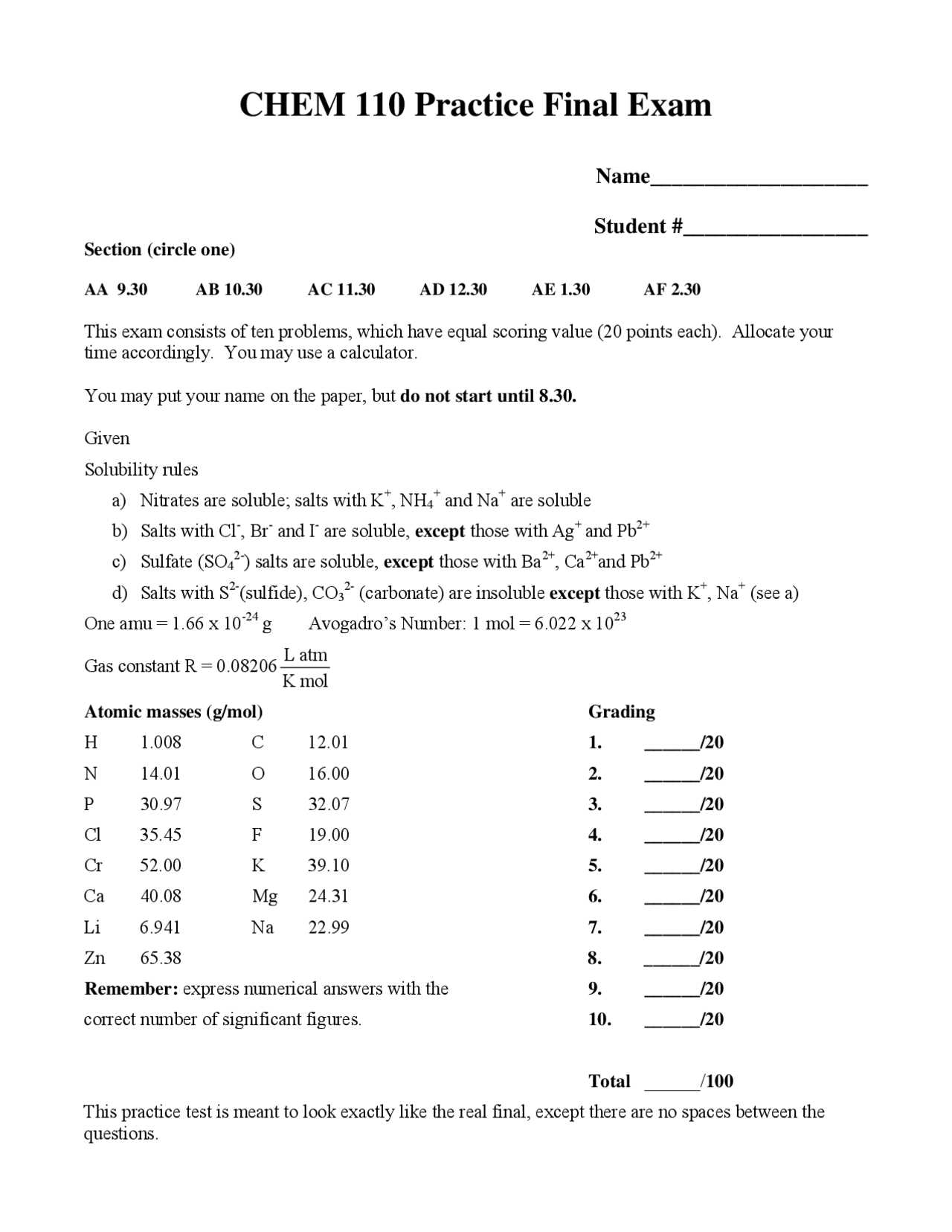 chem 110 practice exams