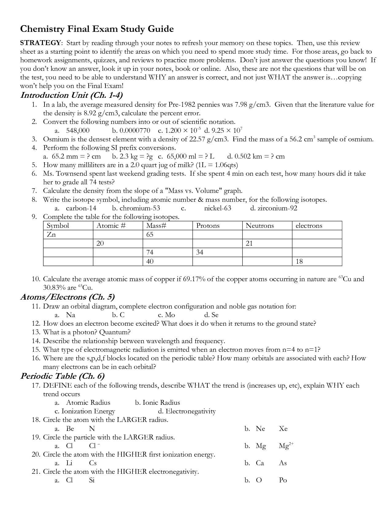 chemistry fall semester exam review answers