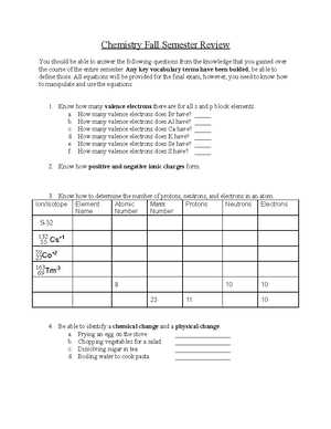 chemistry fall semester exam review answers