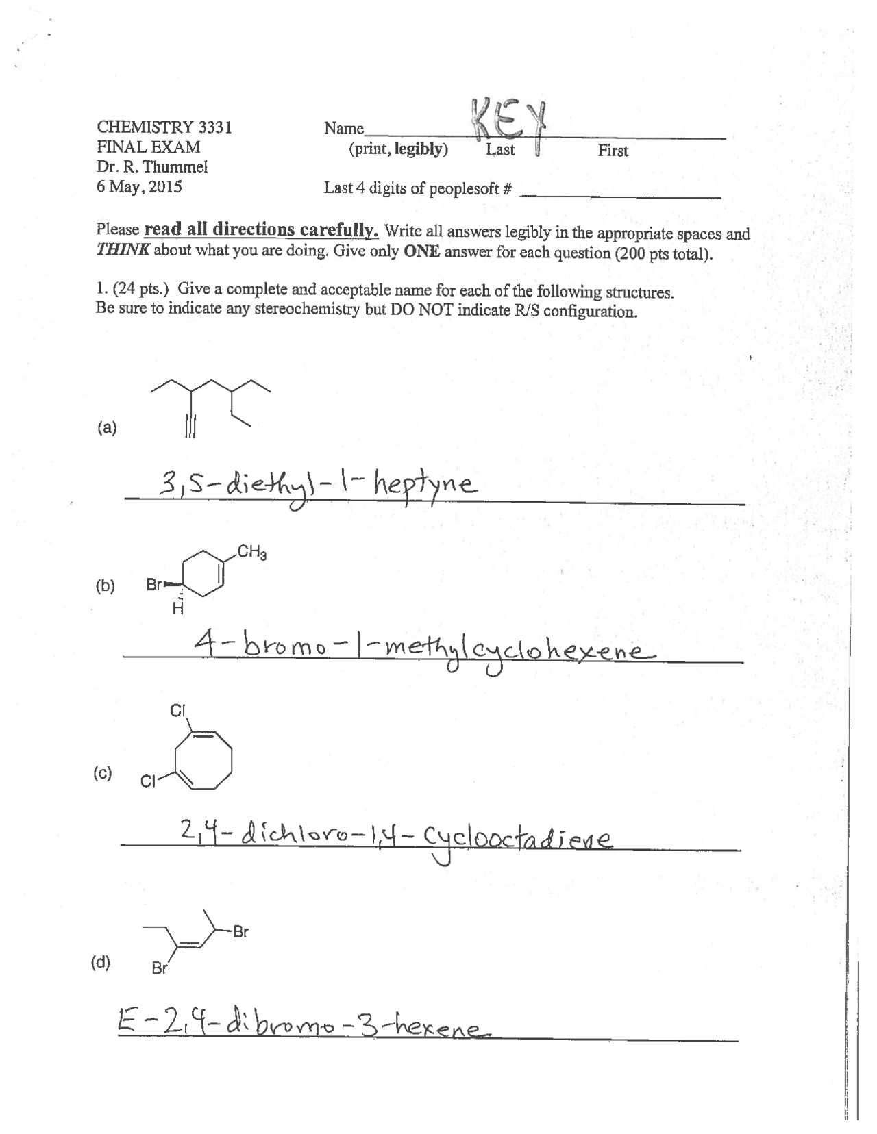 chemistry final exam answer key