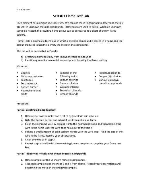 chemistry flame test lab answer key