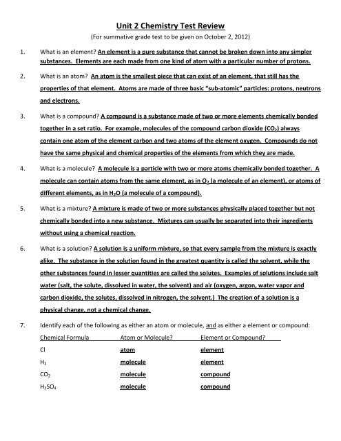 chemistry midterm review answers