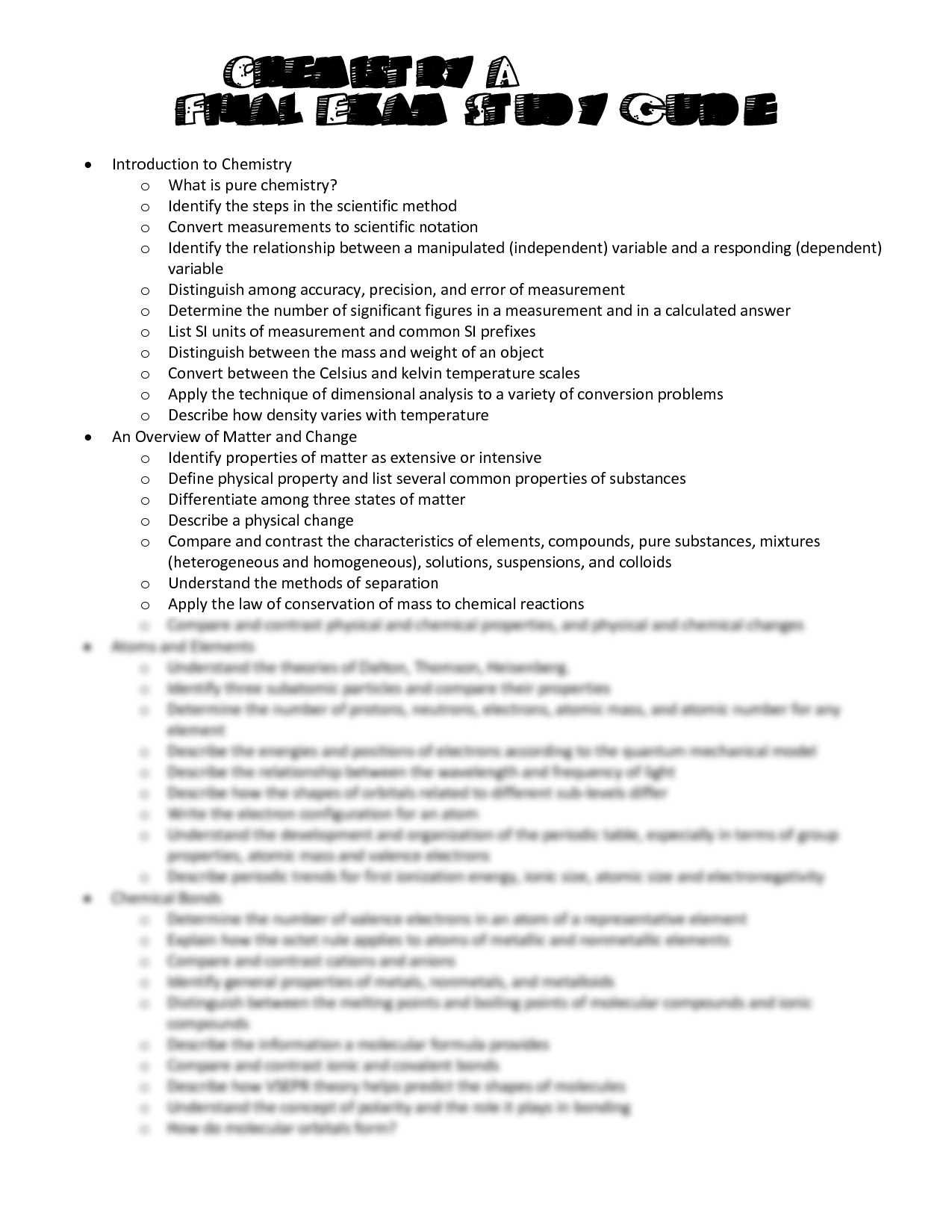 chemistry semester exam review answers