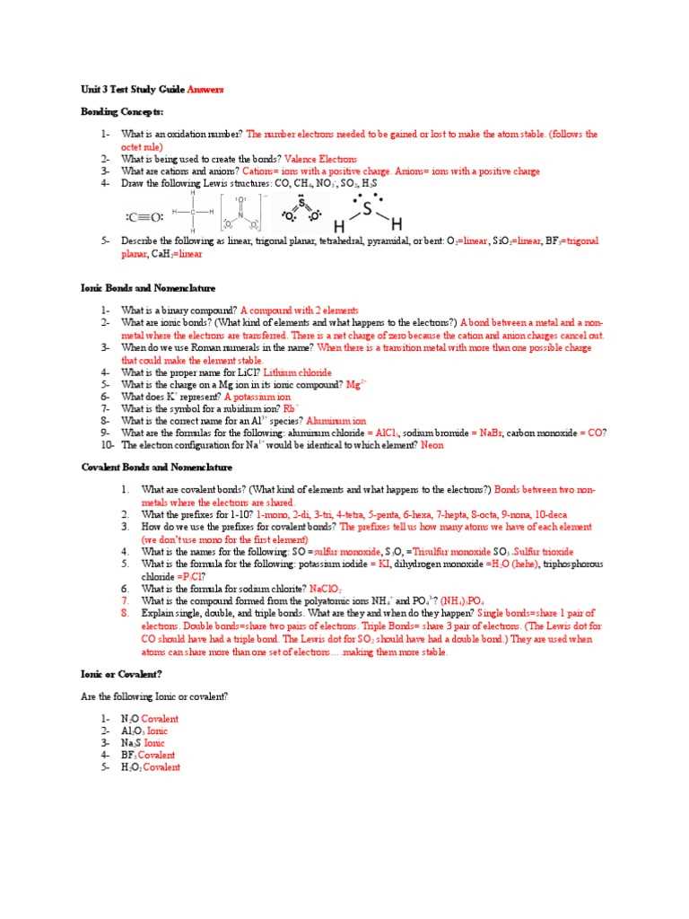 chemistry unit 3 test answers