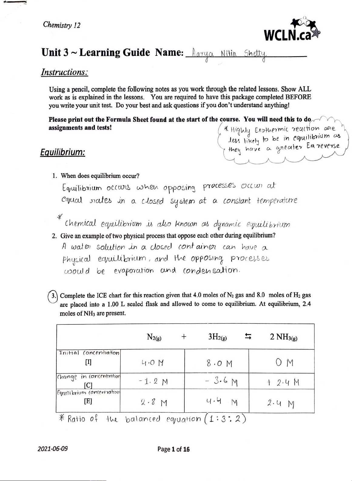 chemistry unit 3 test answers