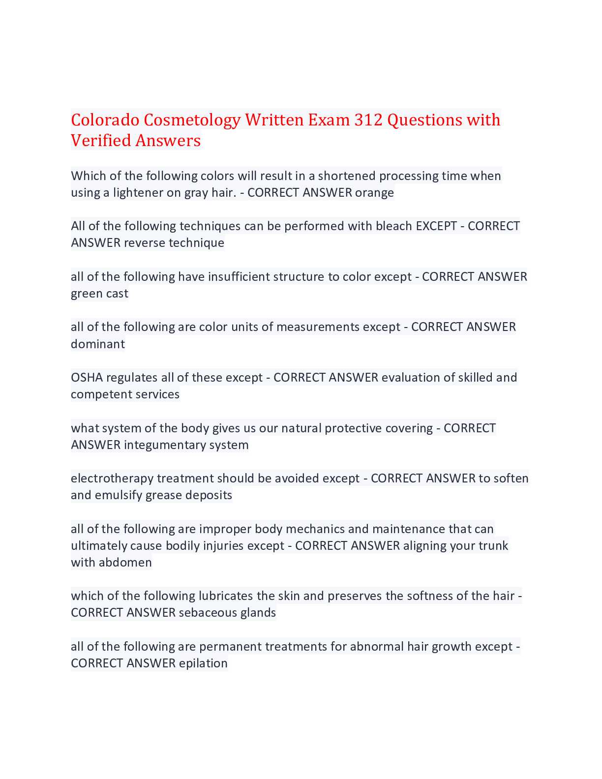 cosmetology state board practice exam 100 questions and answers