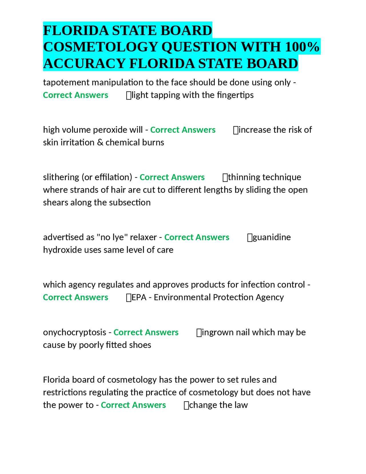 cosmetology state board practice exam 100 questions and answers