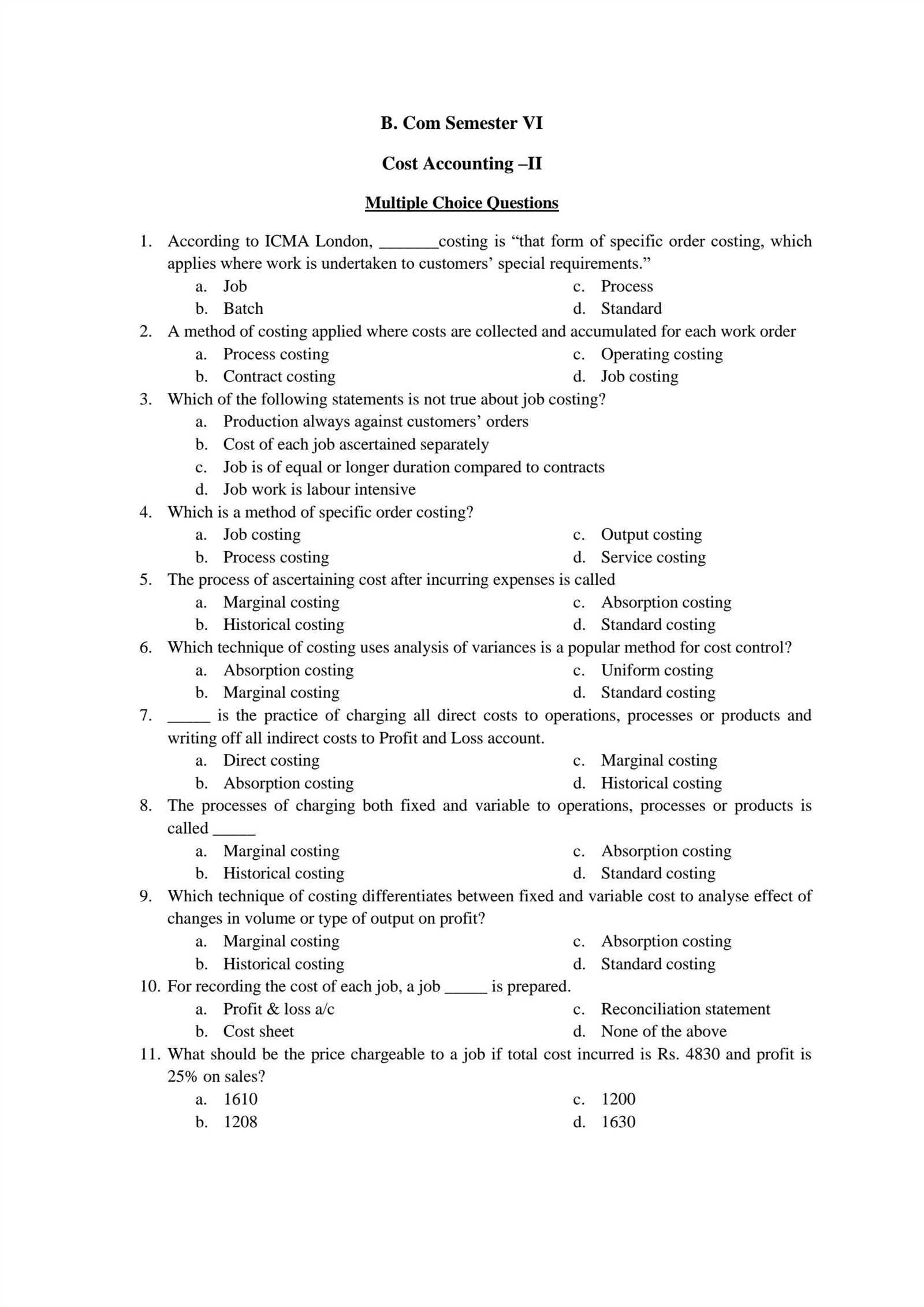 cost accounting final exam questions and answers