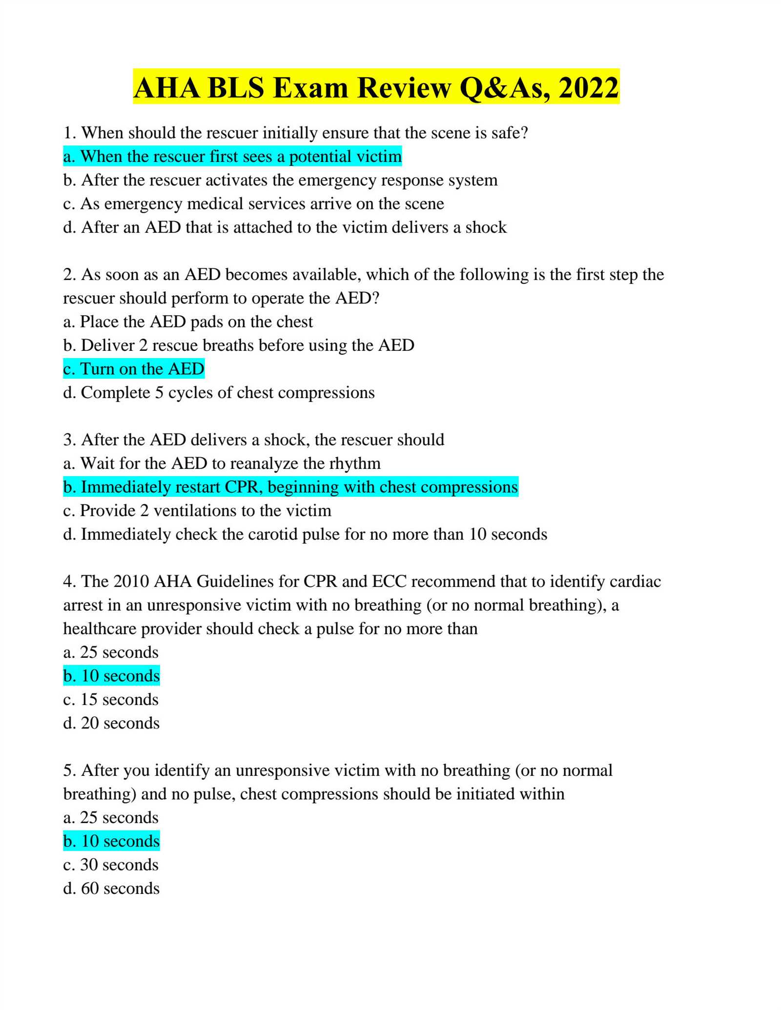 cpr bls test answers