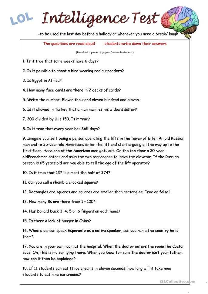 free printable iq test with answers