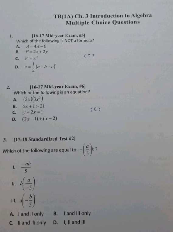 algebra 1 quarter 3 exam answers