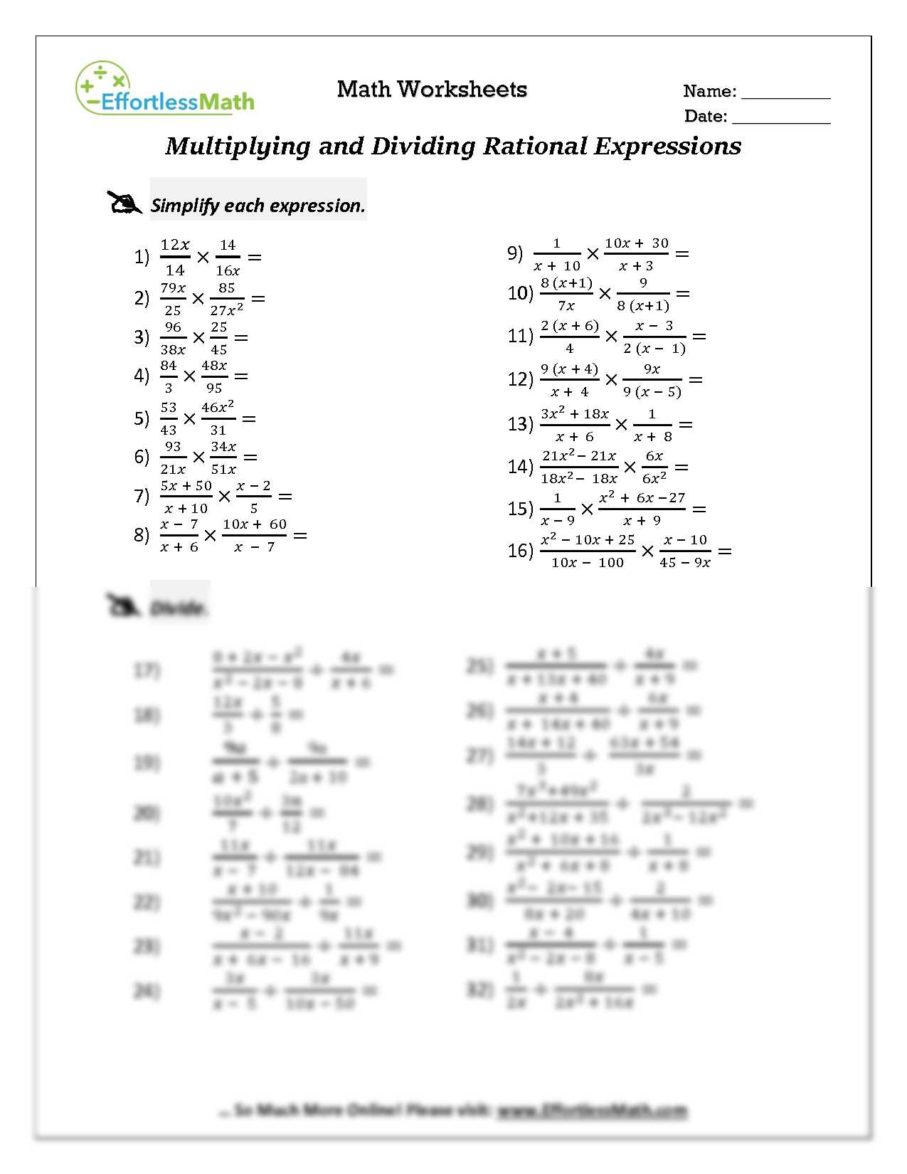 dividing rational expressions worksheet answers