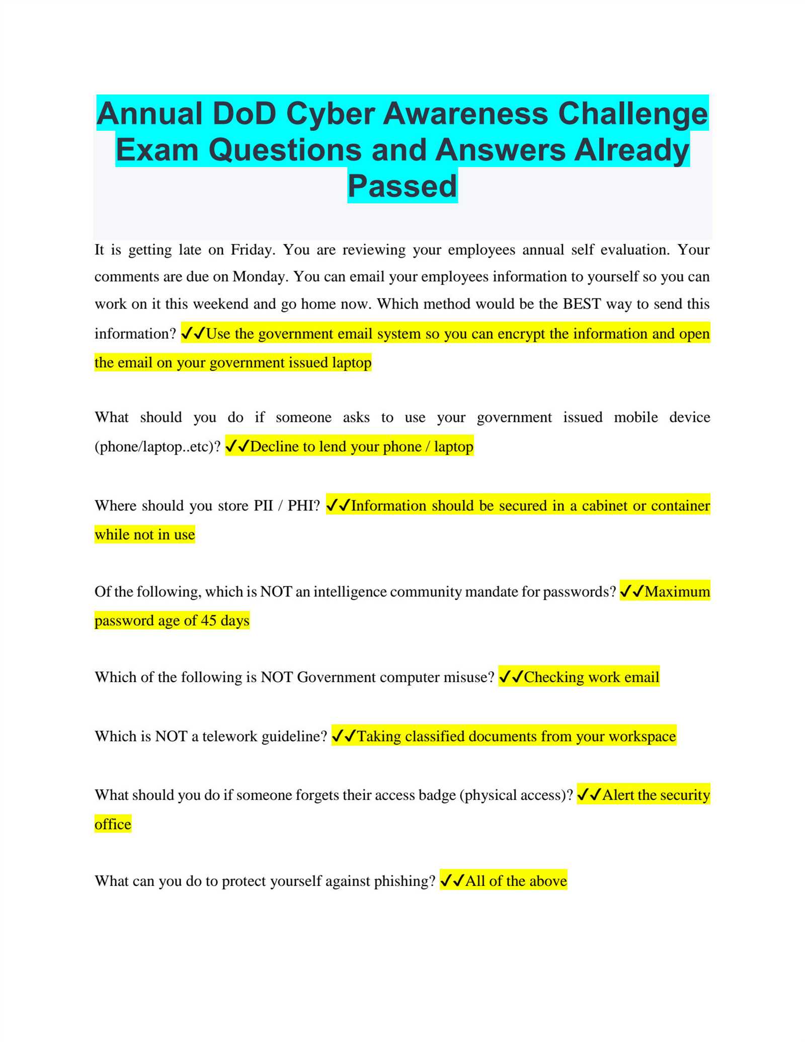 dod cyber awareness challenge exam answers