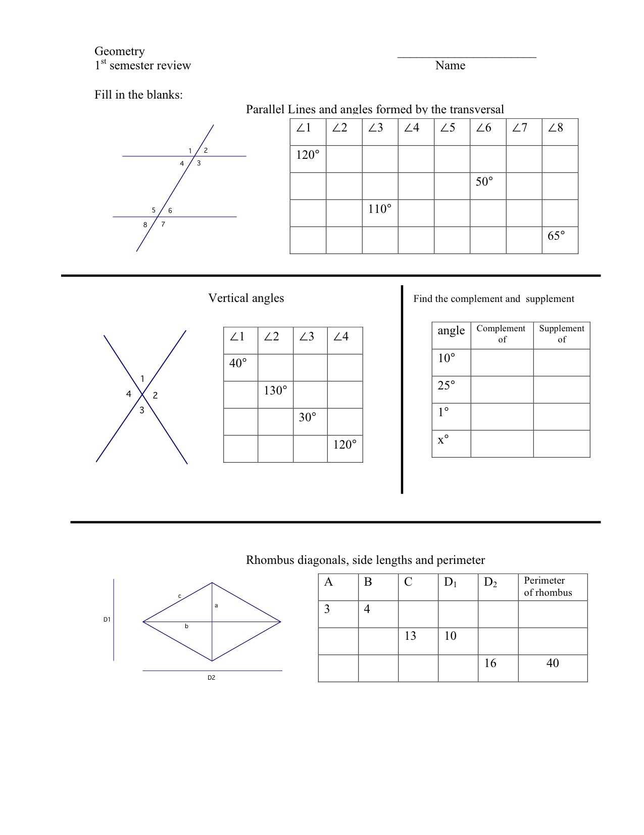 geometry first semester exam answers