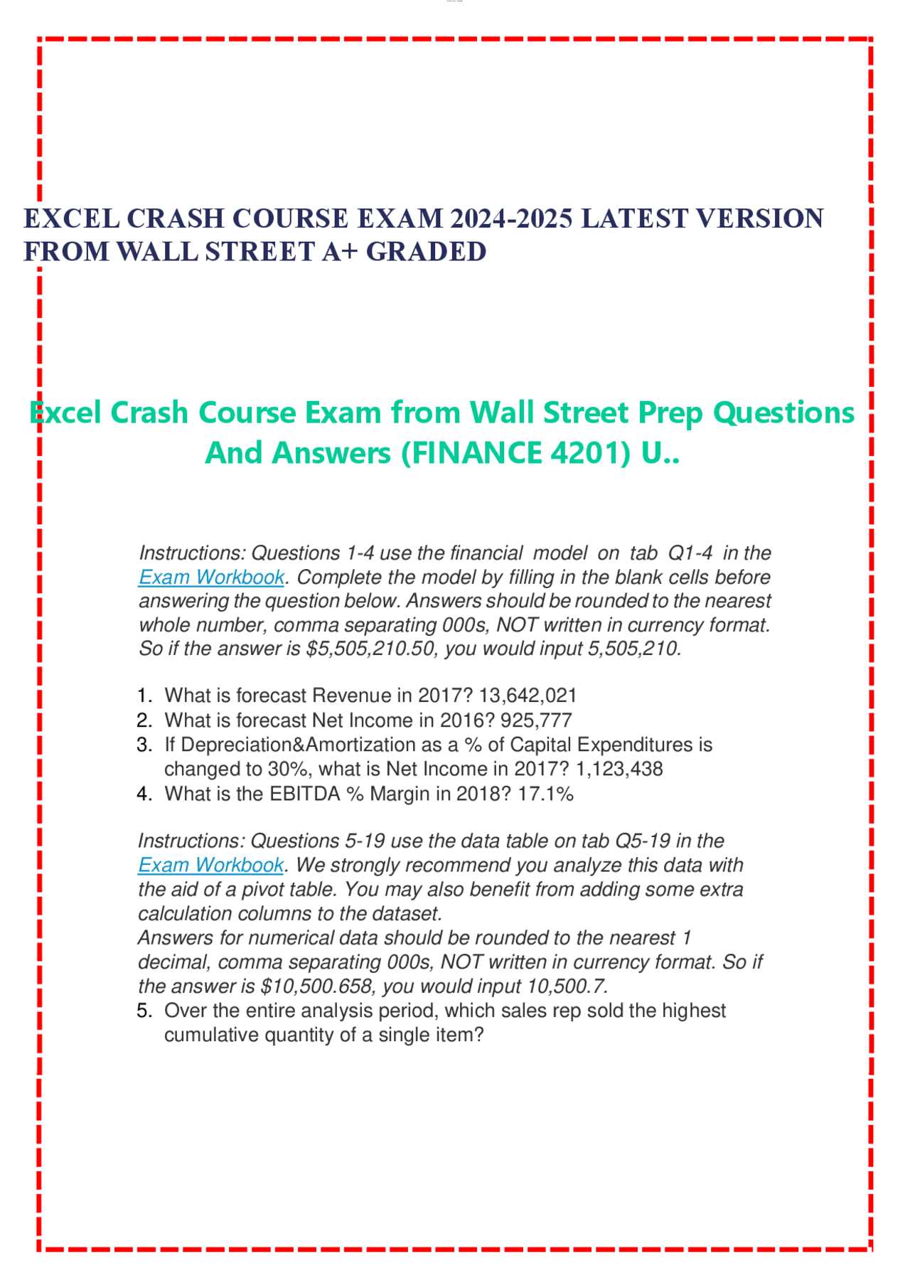 excel crash course exam wall street prep answers