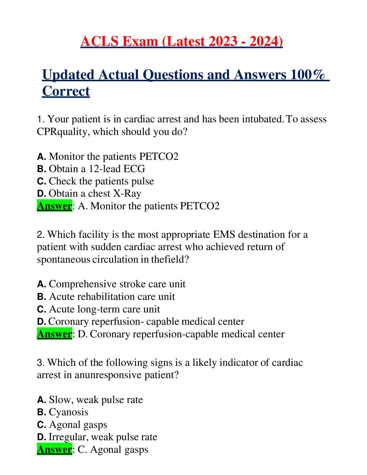 advanced cardiovascular life support exam c answers