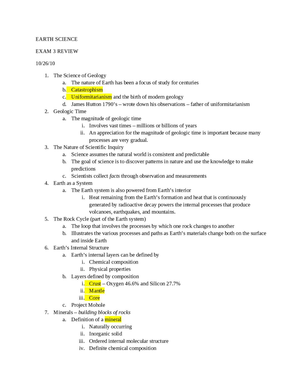 earth science final exam review answers