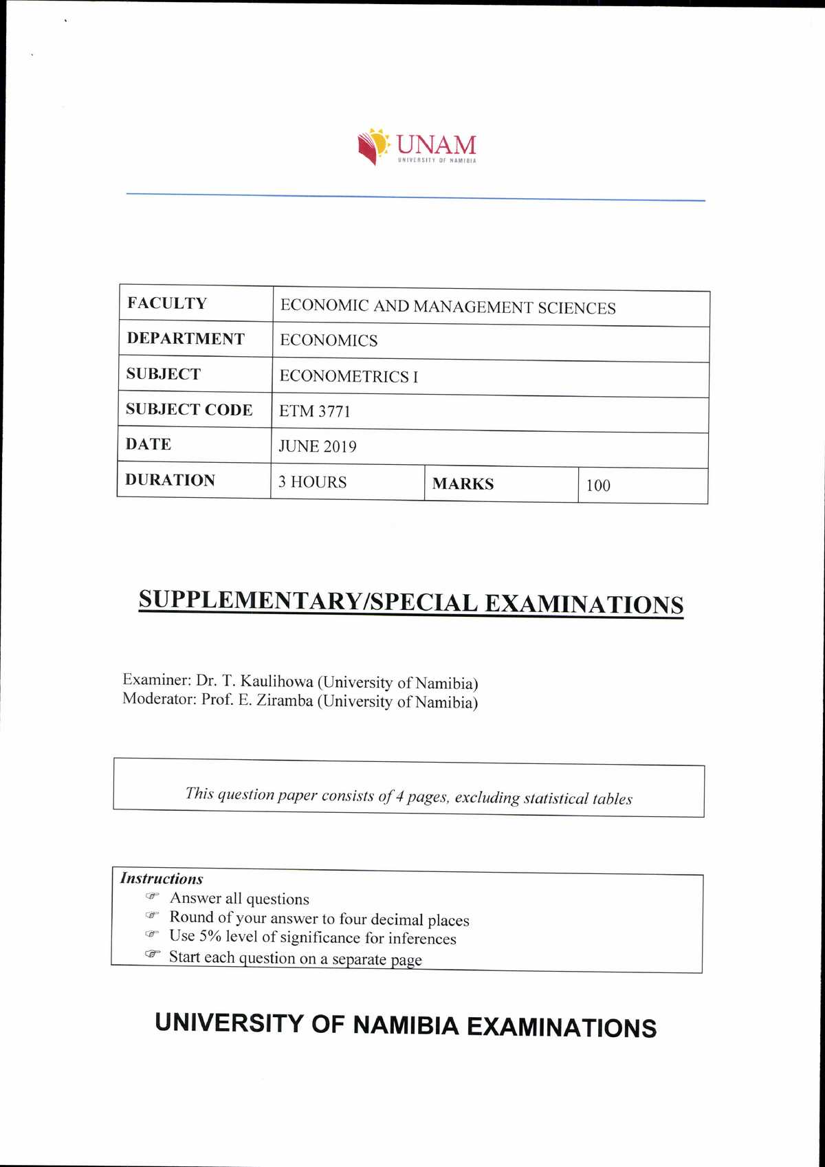 econometrics past exam papers and answers