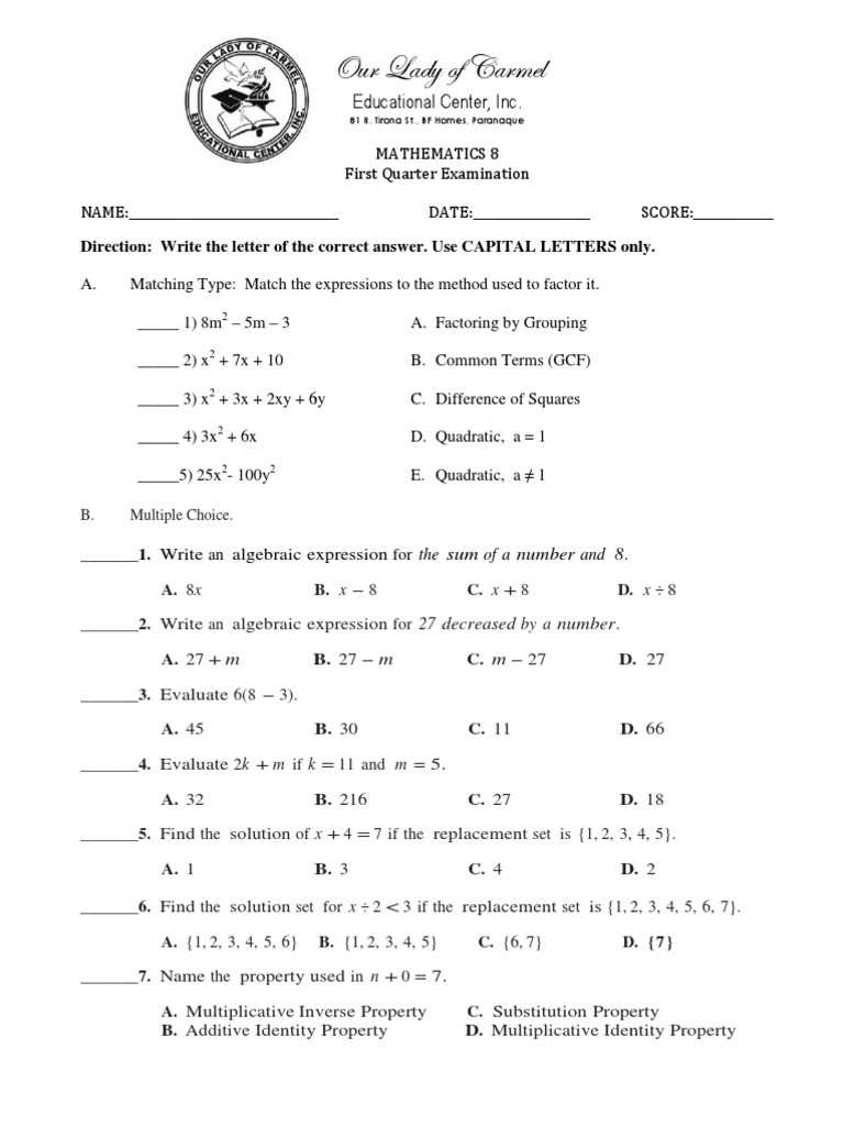 8th grade final exam math