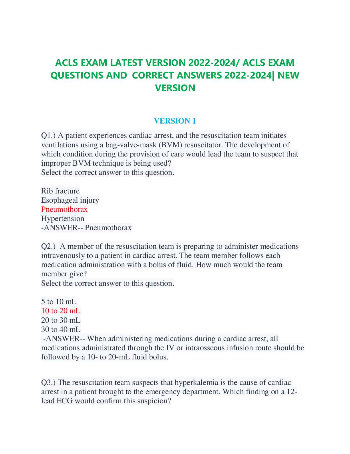 acls exam version a answers