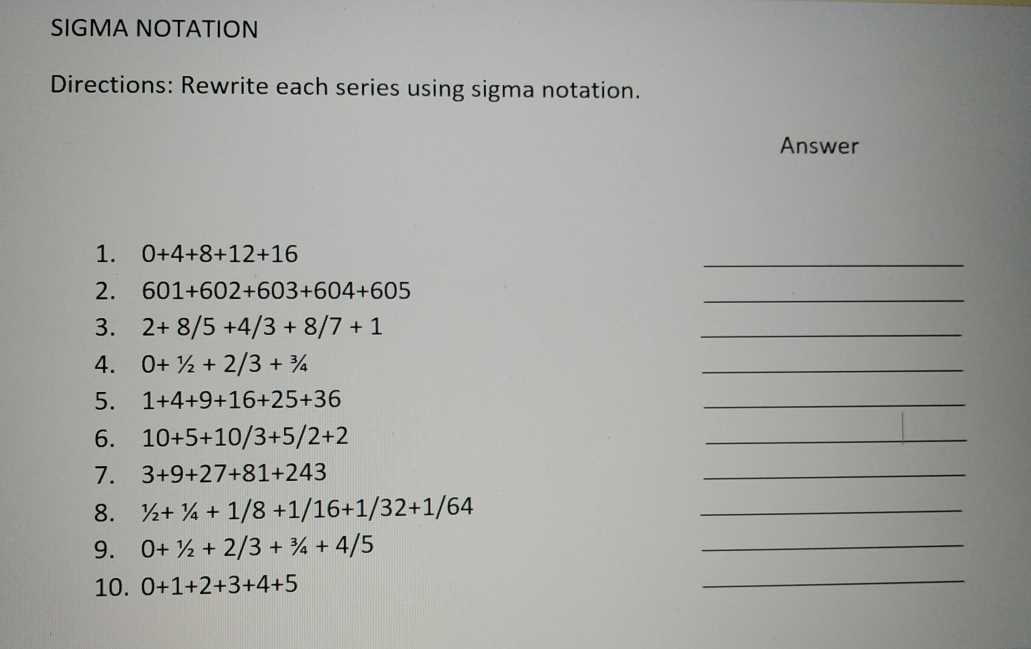 sigma notation worksheet answers