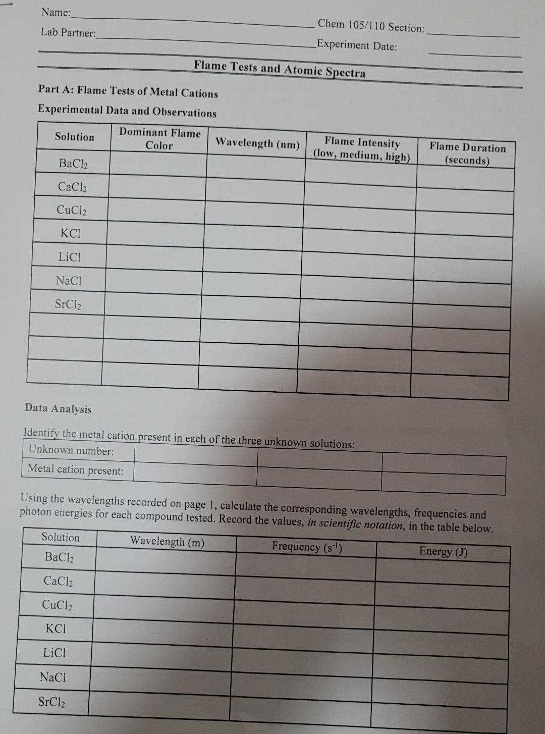 flame test lab analysis answers