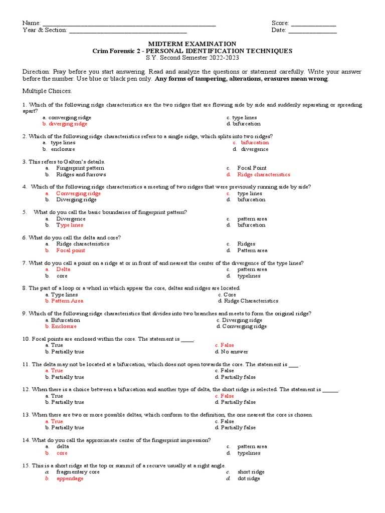 forensic science midterm exam answers