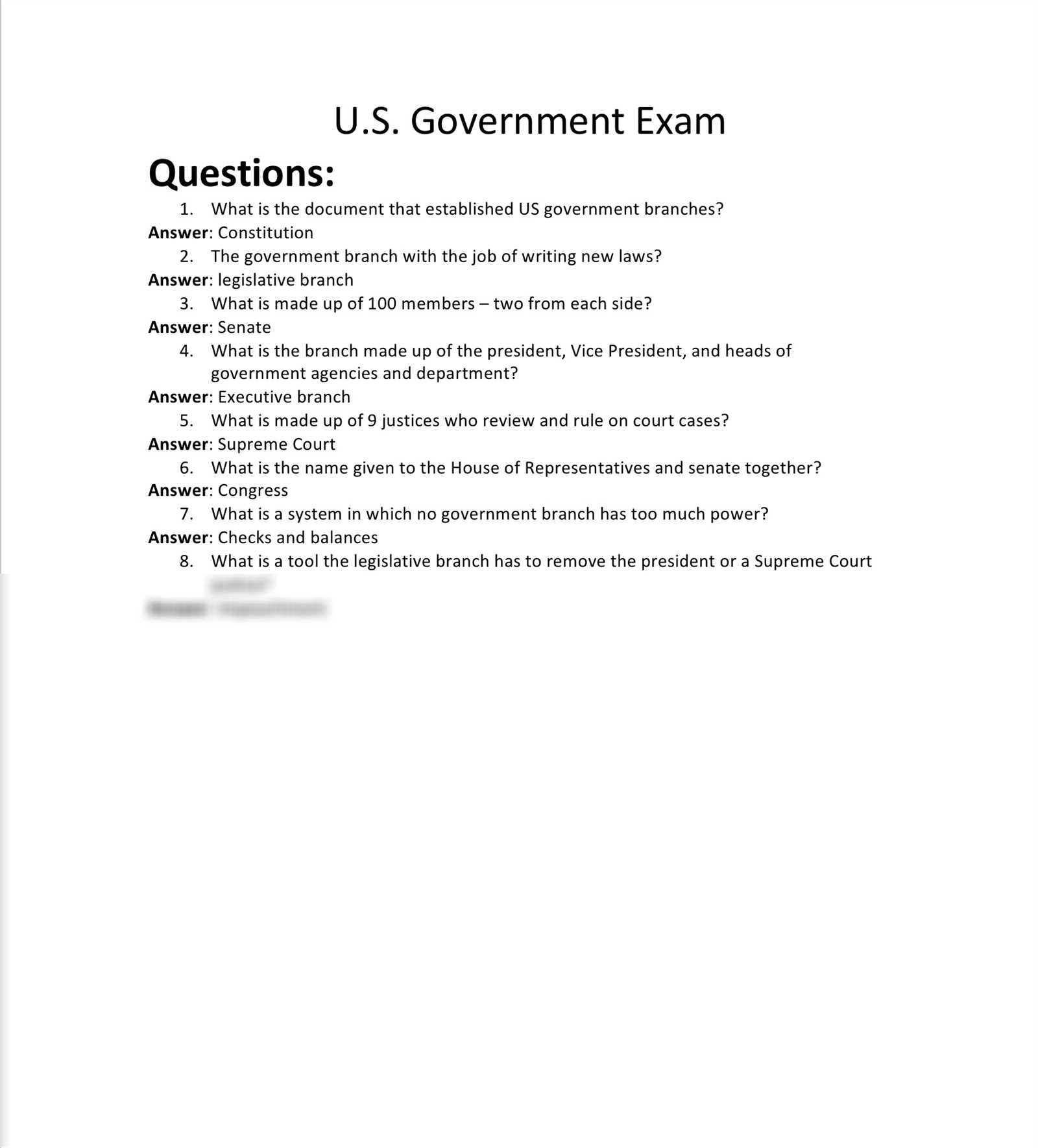 executive branch exam answers