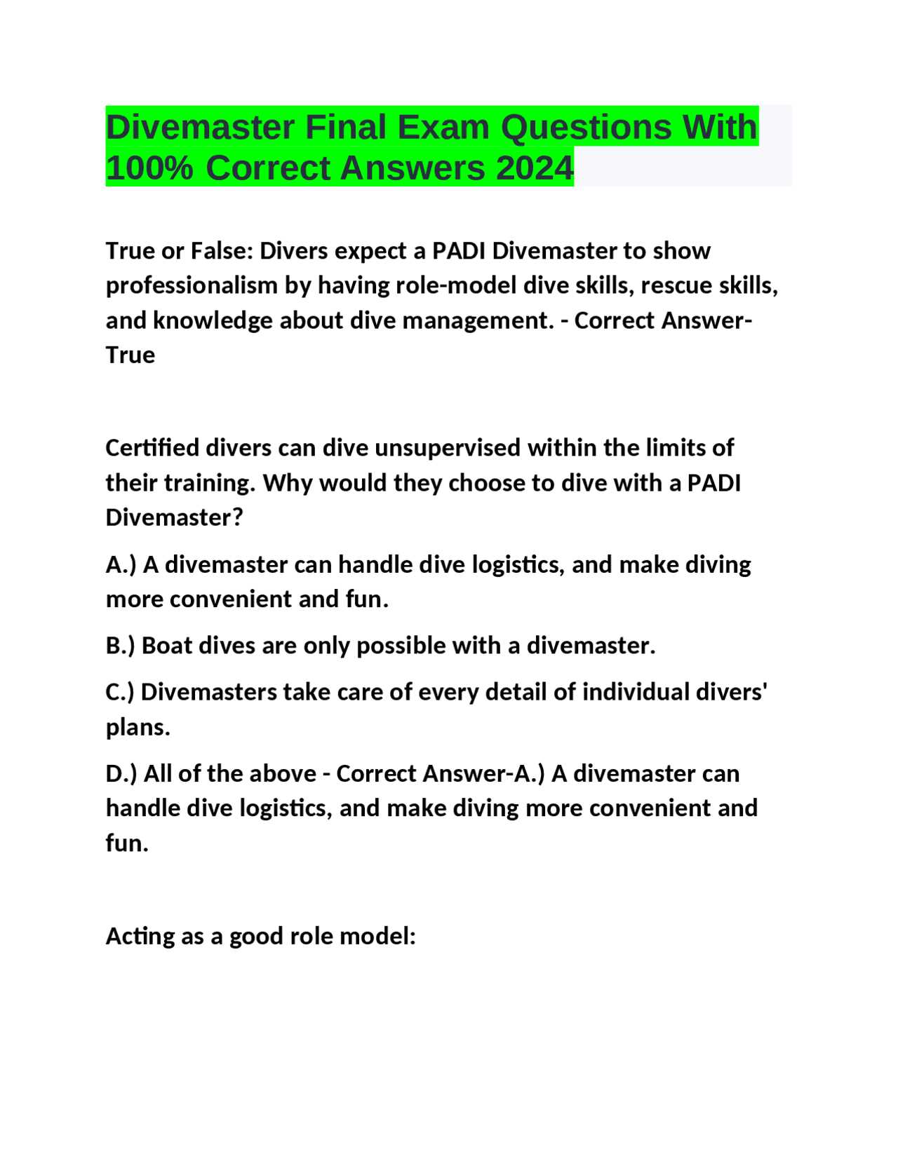 padi divemaster final exam answers