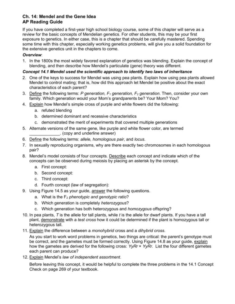 chapter 14 mendel and the gene idea reading guide answer