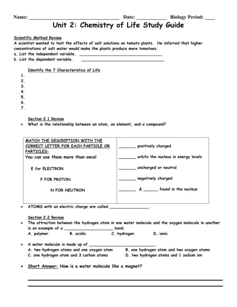 biology chapter 2 the chemistry of life test answers