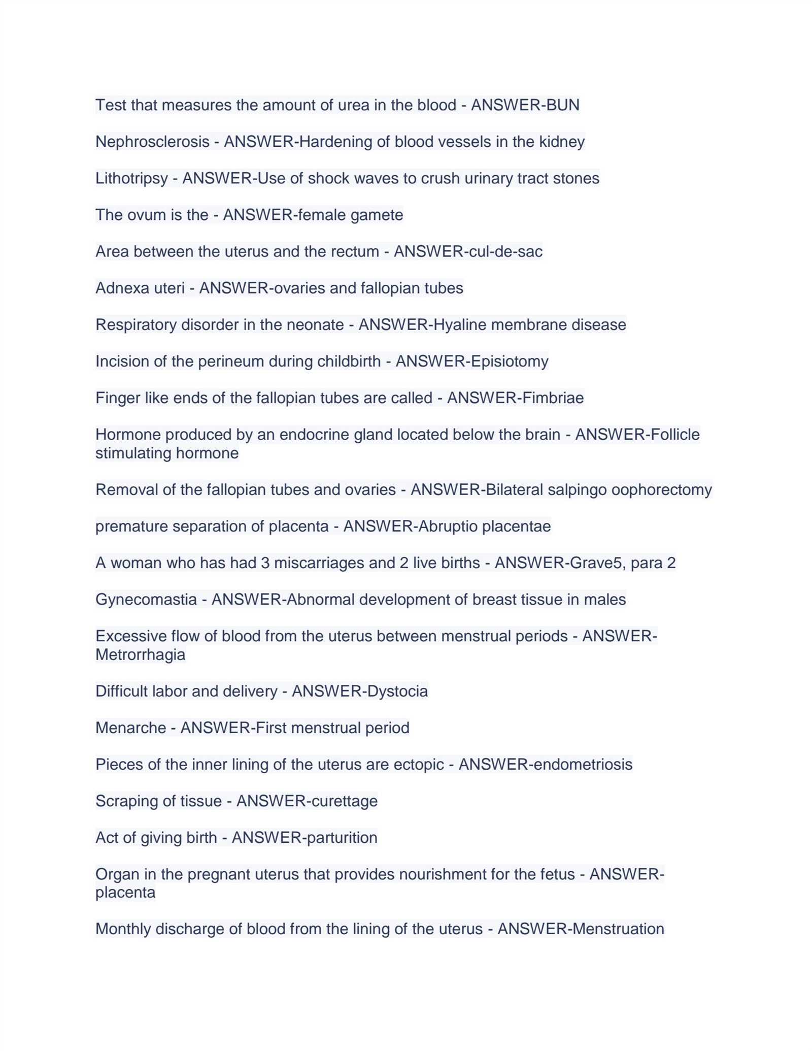 medical terminology final exam questions and answers