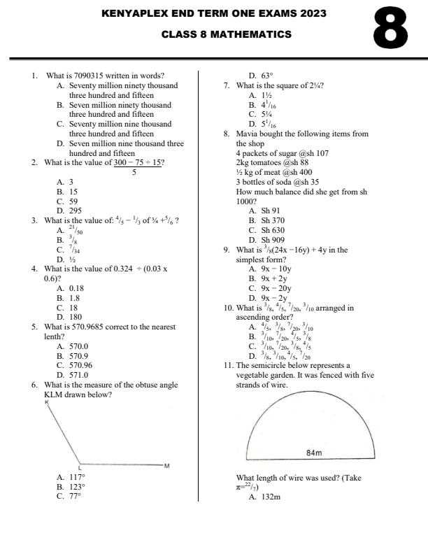 grade 8 math final exam